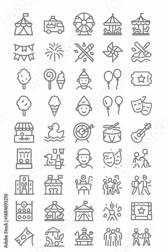 A comprehensive set of thin line icons representing carnival attractions, festival food, and amusement park entertainment