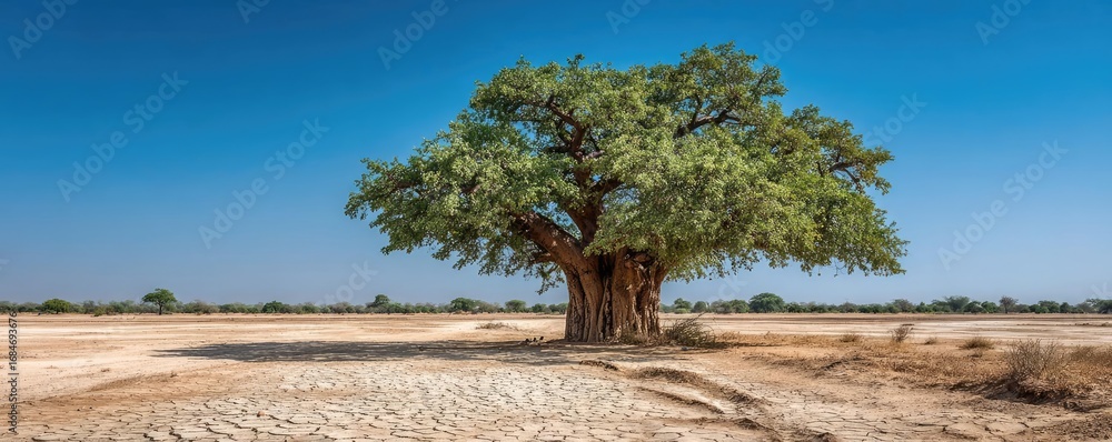 Obraz premium Baobab on dry sandy savannah in Africa concept. A solitary tree stands resilient in the vast, arid landscape.