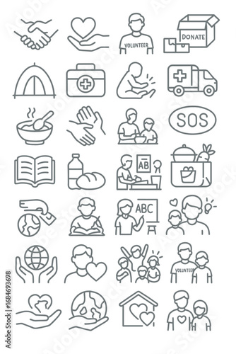 Set of thin line icons representing charity, volunteering, and humanitarian aid. Symbols for donation, community support, and social care
