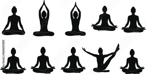 Yoga Woman Silhouettes Meditating and Practicing Various Yoga Poses Including Lotus, Raised Arms, and Seated Postures