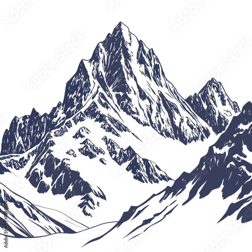 Vector art of majestic mountain range illustration, showcasing rugged peaks and snowcovered slopes, perfect for naturethemed designs and adventurous projects