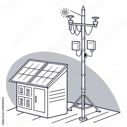 Illustration of a solar power monitoring setup with panels, a control unit, and a meteorological tower, set against a simple background, the design is clean