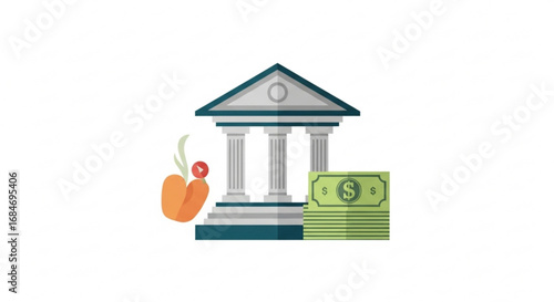Banking and finance illustration with money, bank building and carrot for financial services seo theme