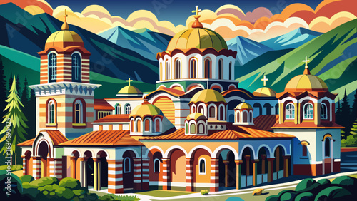 Rila Monastery in Bulgaria shines with colorful frescoes, striped arcades, and majestic mountain surroundings, reflecting centuries of Orthodox spirituality, artistry, and national cultural identity.