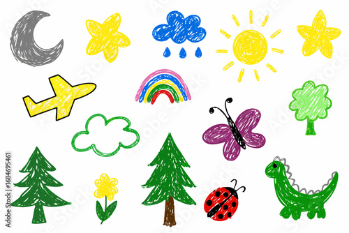 Charming crayon-style doodles of nature, weather, and animals create a whimsical, childlike collection.