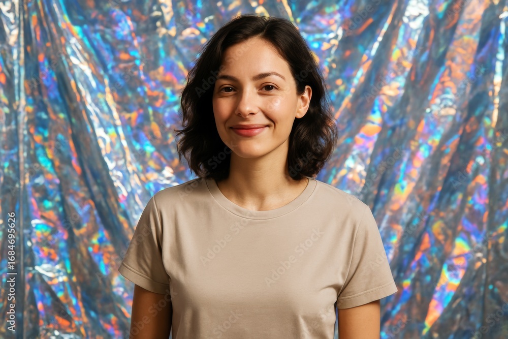 Fototapeta premium Woman smiling confidently in beige t-shirt standing in front of colorful holographic abstract light background with creative expression style. Ai generative