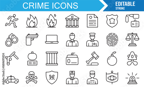 Line art crime icon set featuring prison, judge, gun, thief, and justice system illustrations