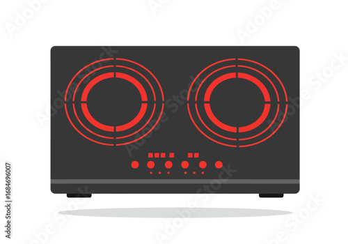 A black electric stovetop with two red burners and controls in the center on a white background