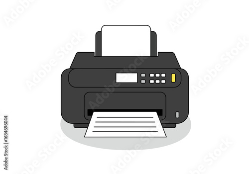 A black printer with paper in it on a white background