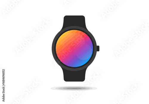 A black smartwatch shows a round display with a vibrant color gradient It casts a simple shadow on the white background