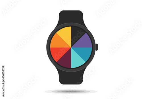 A black smartwatch with a multicolored dial divided into six segments A faint shadow is under it