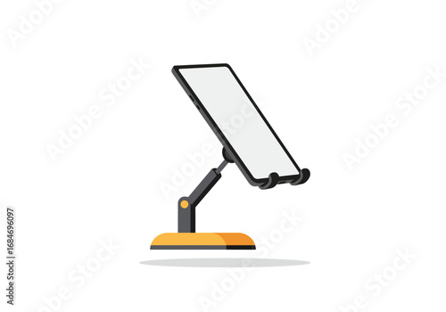 A blank smartphone is held by a gray  yellow adjustable stand casting a soft shadow on a white surface