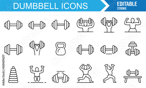 Collection of editable stroke dumbbell icons with gym barbell, kettlebell, curl, and bench press