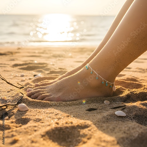 Pair of feet with anklet partly in beach sand
