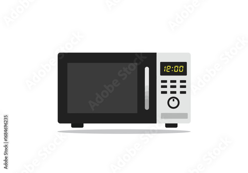 A cartoonstyle microwave oven with a digital clock showing 1200 is centered on a white background