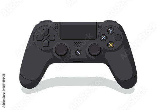 A gray controller with buttons analog sticks and a directional pad floats above its shadow on a white background