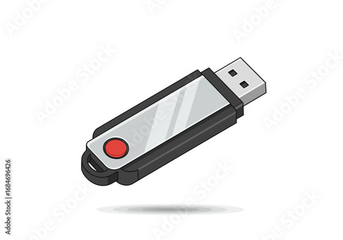 A gray  black USB flash drive hovers casting a shadow A red dot is present on the flash drive