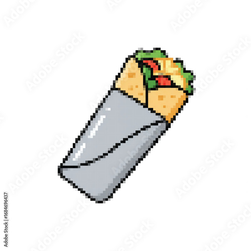 An appetizing pixel art taco, featuring a golden-brown shell overflowing with fresh green lettuce and vibrant red tomato, ideal for retro-themed designs.
