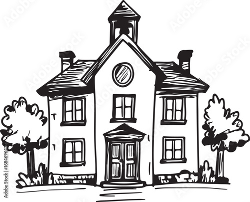 School Building Vector Illustration – Education, Architecture, Classroom, Minimal, Flat, Outline, Black and White, Sketch, Doodle, Icon, Symbol, Creative, Design, Art, Modern, Students, Learning, Illu