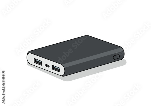 A gray power bank rests on a white surface casting a soft shadow with visible USB ports and a power button