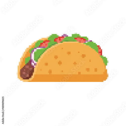 An appetizing pixel art taco, featuring a golden-brown shell overflowing with fresh green lettuce and vibrant red tomato, ideal for retro-themed designs.