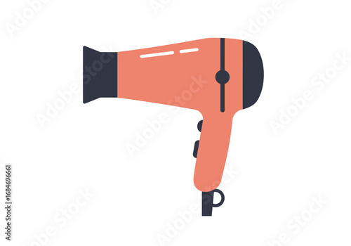A salmoncolored hair dryer with black accents including the nozzle end buttons and the loop at the handles base