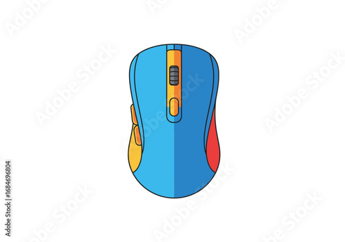 A topdown illustration of a blue red and yellow computer mouse on a white background