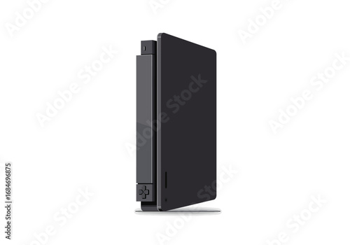 A vertical rectangular dark gray gaming console oriented portrait side view
