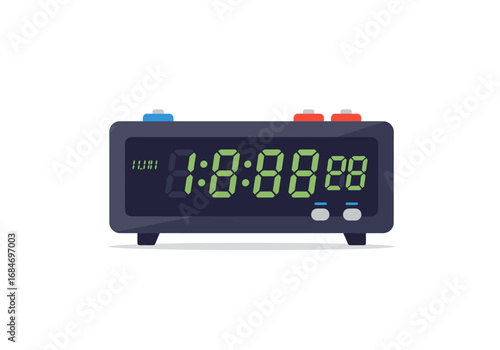 An electric digital alarm clock displaying the time 10828 with blue and red buttons and legs