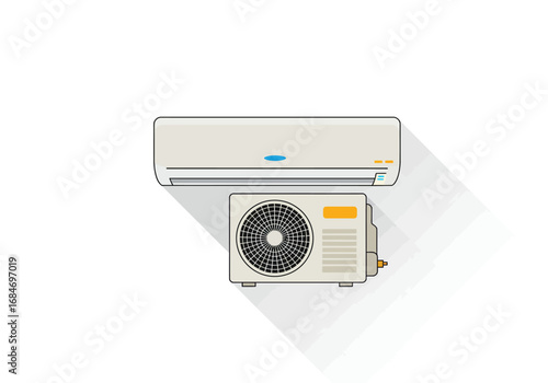 An air conditioner with an indoor unit and an outdoor unit casting a long shadow on a white background