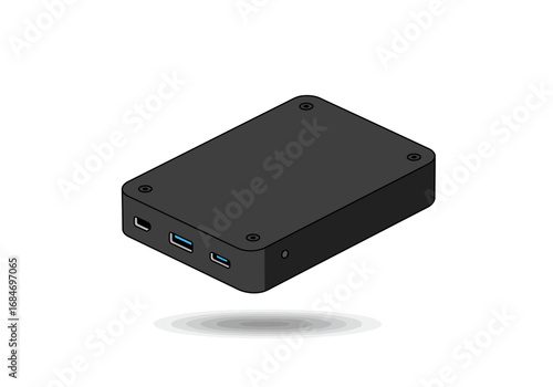 An elevated isometric view of a black rectangular box with several ports and screws visible