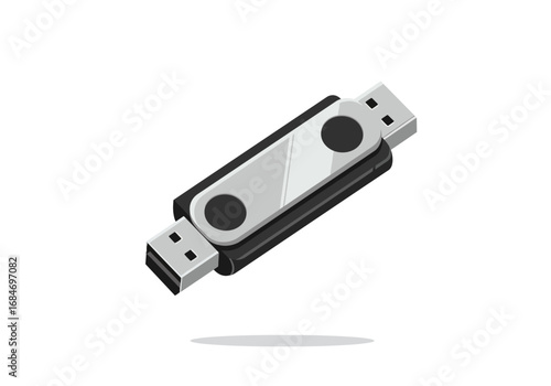 An isometricstyle vector art USB drive black with silver swivel casting a soft shadow on a white background