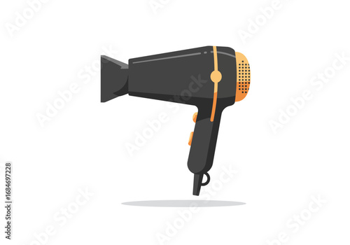 Black and orange hair dryer on a white background with a shadow