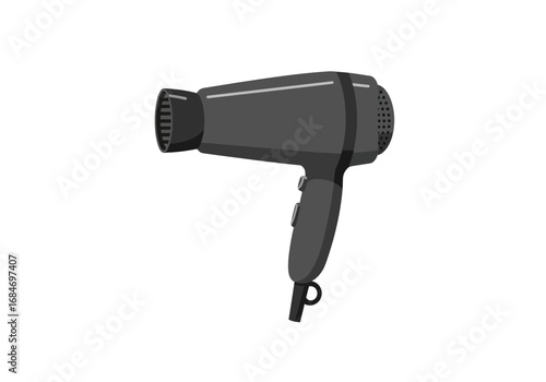 Gray hair dryer with a black nozzle handle switches and loop at the base