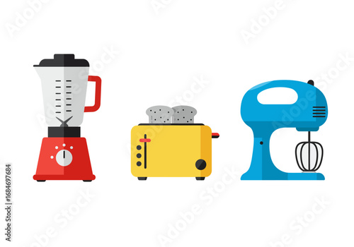 Three kitchen appliances stand on a white background a blender toaster with toast and a hand mixer