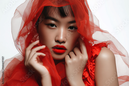 Fashion portrait of dark-haired Chinese model wearing red tulle on her head.