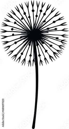 Black vector silhouettes of trees and a dandelion seed head blowing in the summer wind