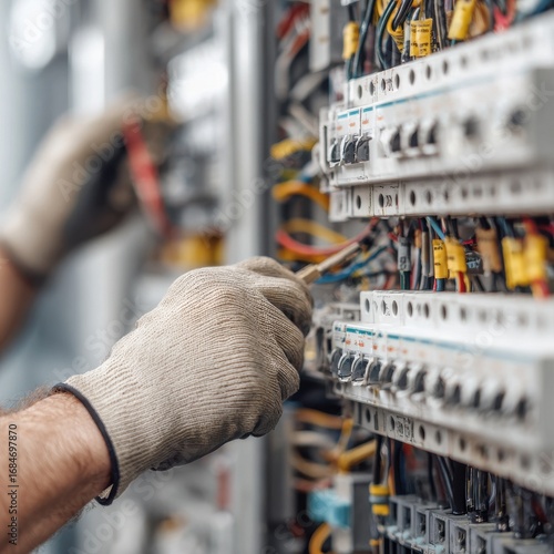 Electrical technician working on power distribution panel in workshop during daytime
