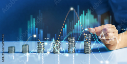 Financial investment and success market stock technology currency report. Stacks of coin with trading graph. Financial growth data or investment market profit bar.
