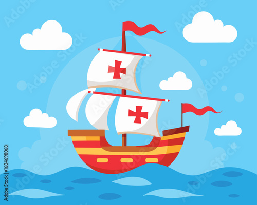 Vector art of cartoon illustration of santa maria ship sailing on the ocean under blue sky