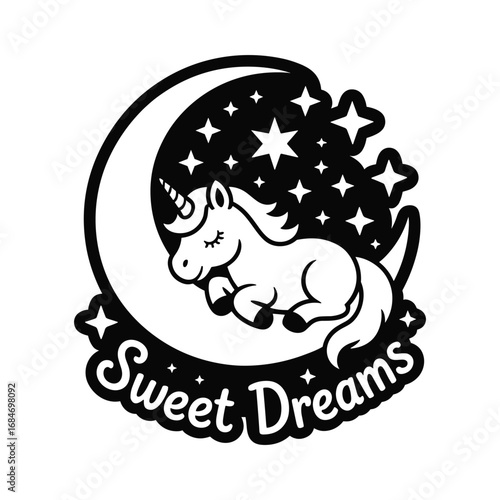 Whimsical unicorn sleeping on a crescent moon with stars and sweet dreams text
