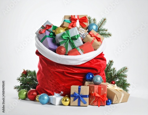 A classic red Santa sack with white trim, overflowing with presents and decorated with baubles and pine branches
