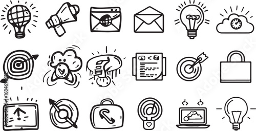 Business Communication Vector Icons – Mail, Idea, Target, Social Media, Marketing, Doodle, Cartoon, Minimal, Outline, Black and White, Flat, Creative, Technology, Icon, Symbol, Design, Art, Modern