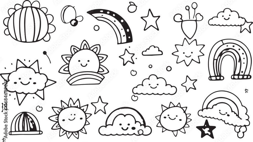 Obraz premium Cute Cartoon Vector – Rainbow, Stars, Clouds, Frog Face, Happy, Child, Funny, Minimal, Flat, Outline, Black and White, Doodle, Icon, Symbol, Kids, Adorable, Creative, Illustration, Design