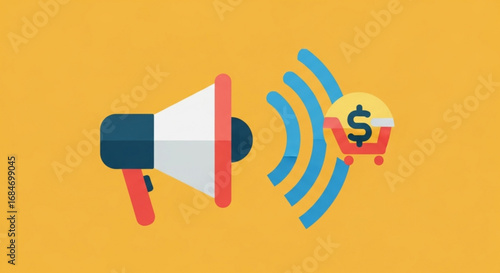 Megaphone marketing promotion advertising sale announcement with shopping cart dollar sign icon