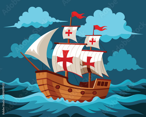 Illustration of santa maria caravel sailing on the ocean with cloudy sky