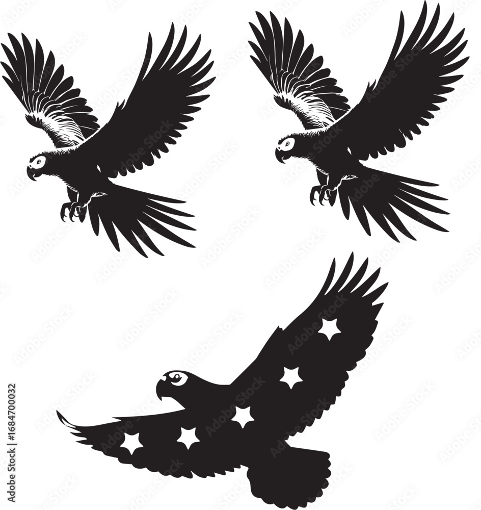 Fototapeta premium Graceful african grey parrot in flight black silhouette on white background
