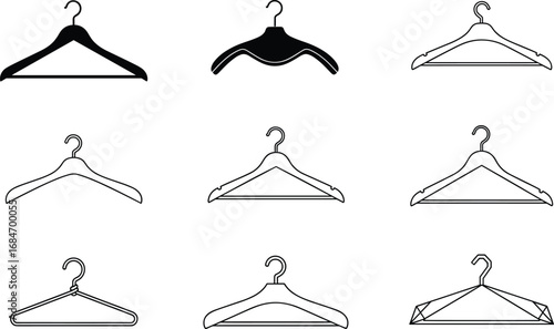 Various styles of clothes hangers, black and white hanger icons, garment hangers set, closet organization, fashion accessories, wardrobe essentials, apparel hangers illustration, vector design