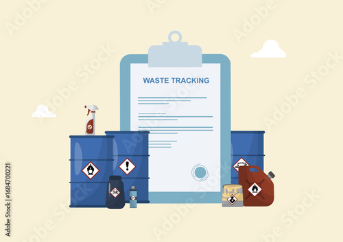 Professional waste tracking clipboard with hazardous chemical containers. Protocols for industrial waste disposal. Waste tracking form. Waste Management Efficiency. Waste Manifest. Vector illustration