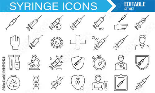 Medical syringe icon set in linear outline style including injection, vial, safety, and treatment
